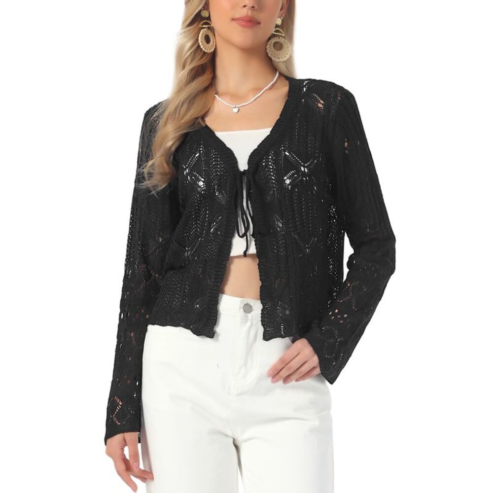 Women Summer Crochet Knit Tie Front Bolero Shrug Cardigan Sweaters Black